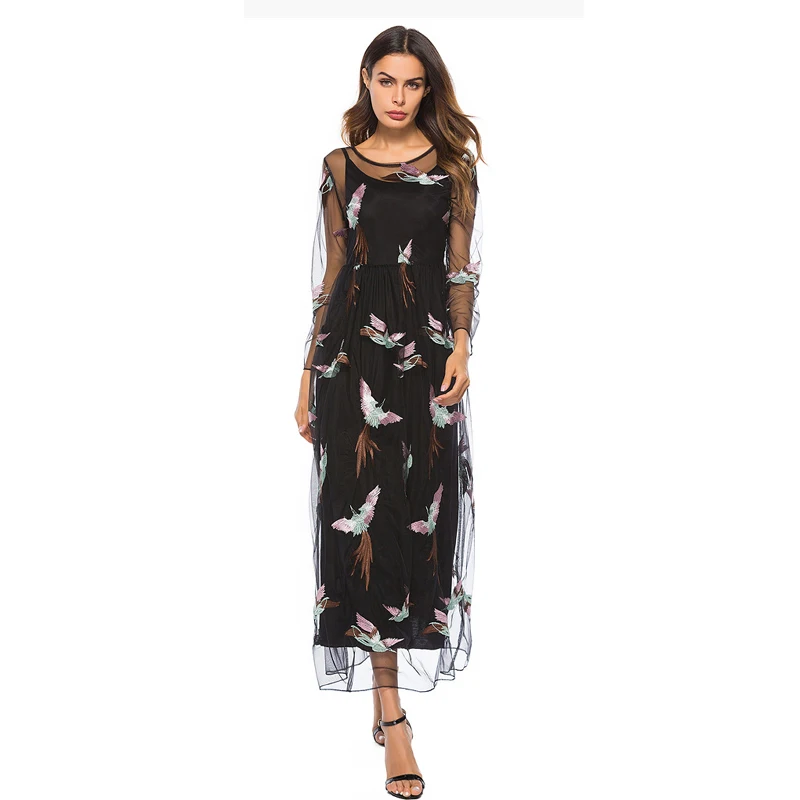 EdspLovd Embroidery Mesh Summer Dress Women Sexy Transarent Long Lining O neck lace Sleeve Plus Size DS307 | Женская одежда