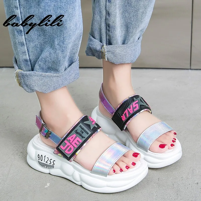 Женские Блестящие Босоножки на платформе Новинка лета 2019 модная женская