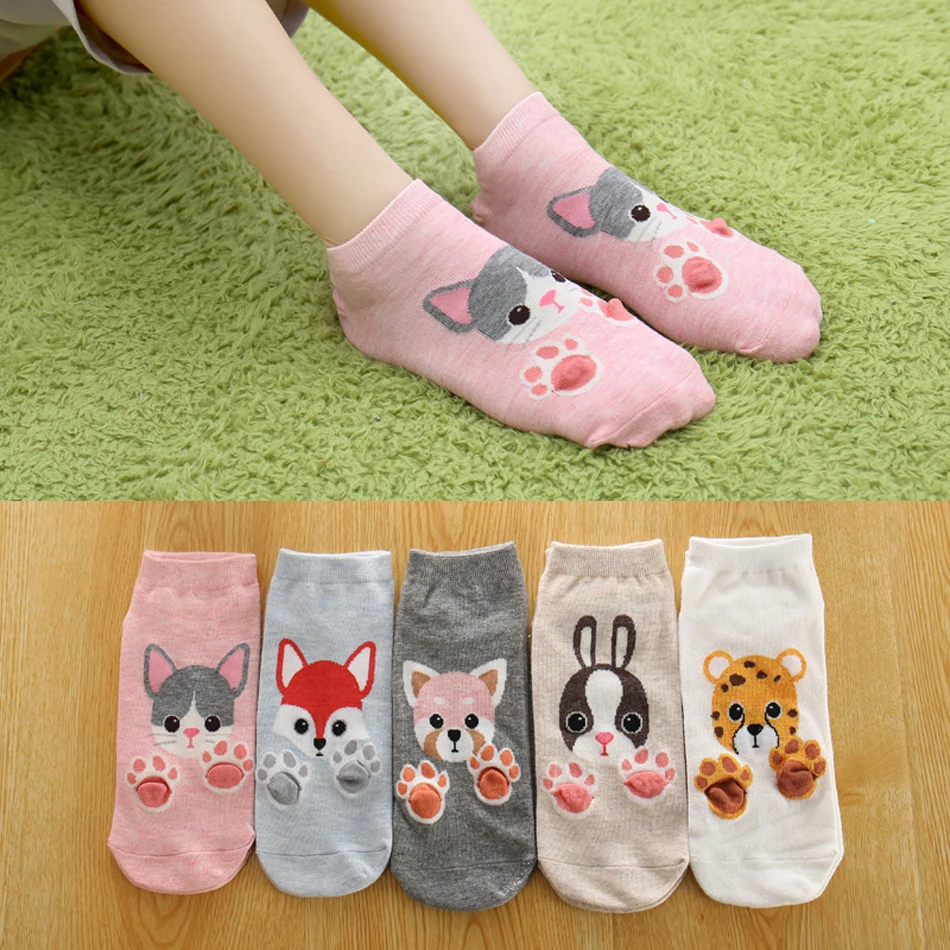

5 Pairs/Lot New Women's Socks Short Cute Cartoon Animal Fox Cat Paw Printed Socks Casual Cotton Ankle Socks Size US 5-9