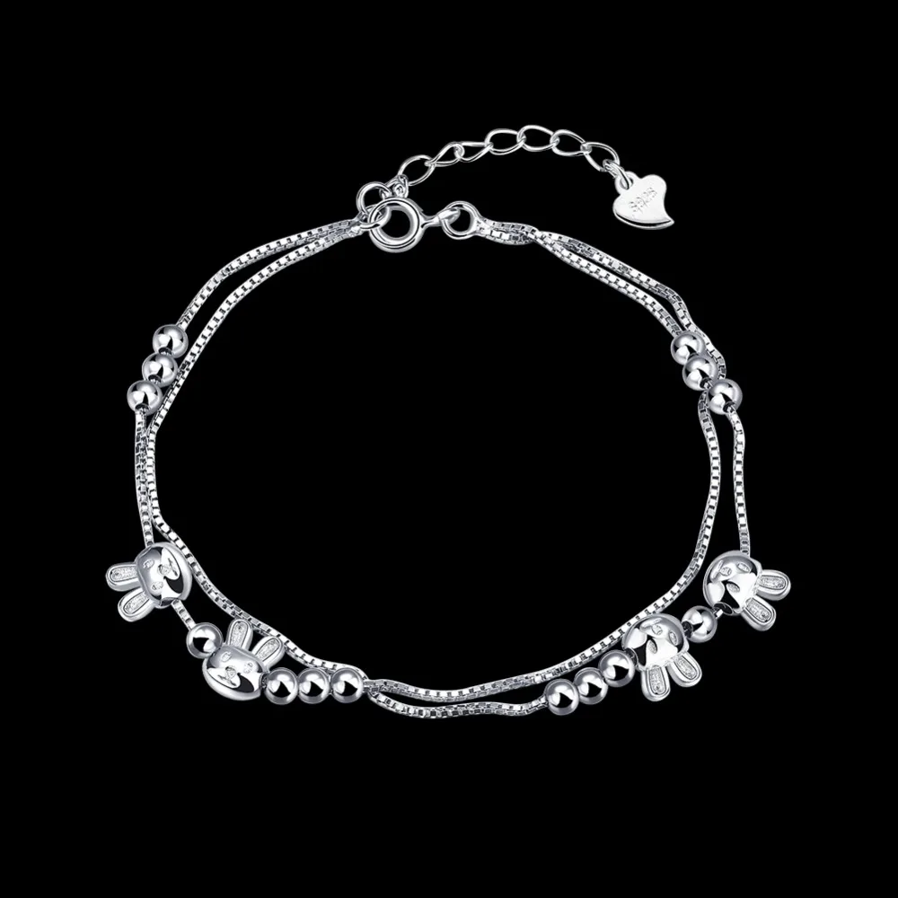 100% подлинное серебро 925 пробы браслет цепочка Модный милый кролик Двойная