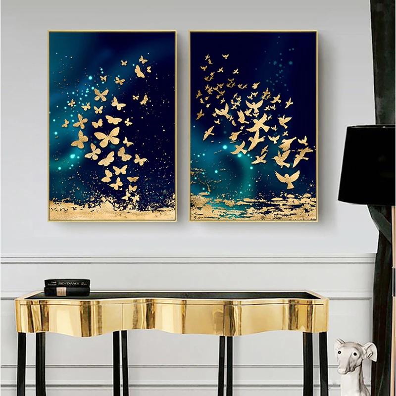 Golden Fish Butterfly Bird Wall Art Canvas Abstract Painting Modern Home Decor Posters and Prints Decoration Picture Living Room |