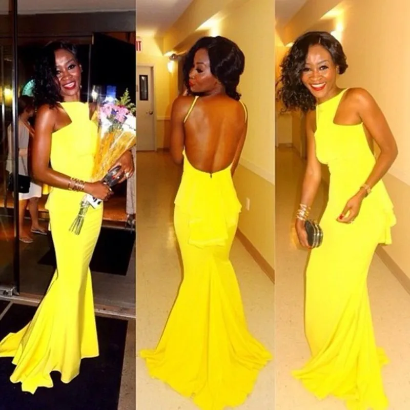 

Mermaid Prom Dress Yellow Women Formal Evening Dresses Real Sample Long Evening Dress 2014 New Arrival High Neck Backless