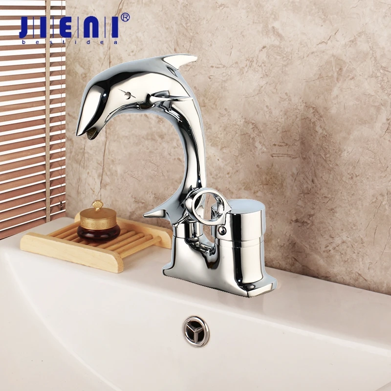 JIENI Dolphin Polished Chrome Solid Brass 1 Handle 2 Hoses Deck Mounted Bathroom Basin sink Mixer Tap Faucet