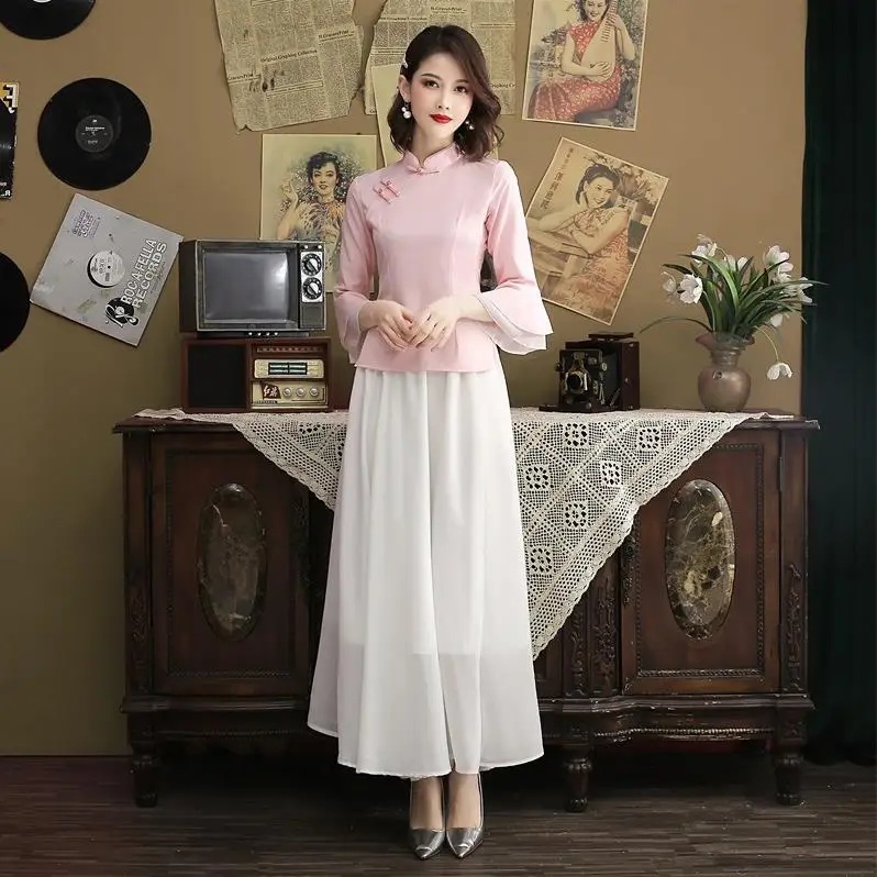 Style 1 Новая улучшенная версия платья Чонсам китайский Hanfu Женский костюм Чонсам с рюшами на рукавах платье Чонсам комплект из двух предметов Размер S-3XL - Цвет: Style 1