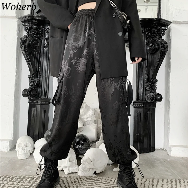 Женские брюки-карго Woherb в японском стиле Харадзюку с принтом дракона уличная