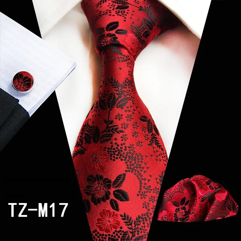 TZ-M17 Классические 8 см ширина Цветочные Галстуки с рисунком Пейсли Cravate роскошные мужские шелковые галстуки Запонки платок для мужчин костюм деловой Свадебный галстук - Цвет: TZ-M17