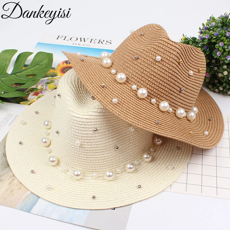 DANKEYISI 2018 Summer Pearl Beading Sun Hats Flat Brimmed Straw Hat Cap Ladies Hats For Women Shade Sunhat Beach Caps Leisure