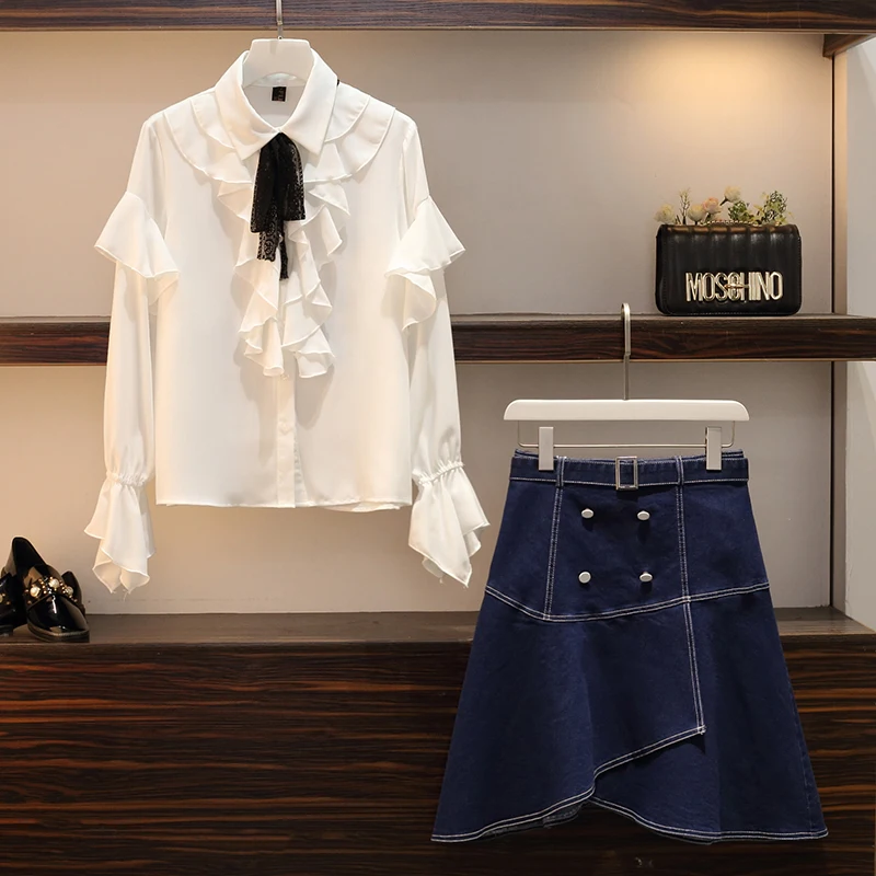 Весна 2019 Новый женский комплект 2 шт. с длинным рукавом шифон рубашки и необычная