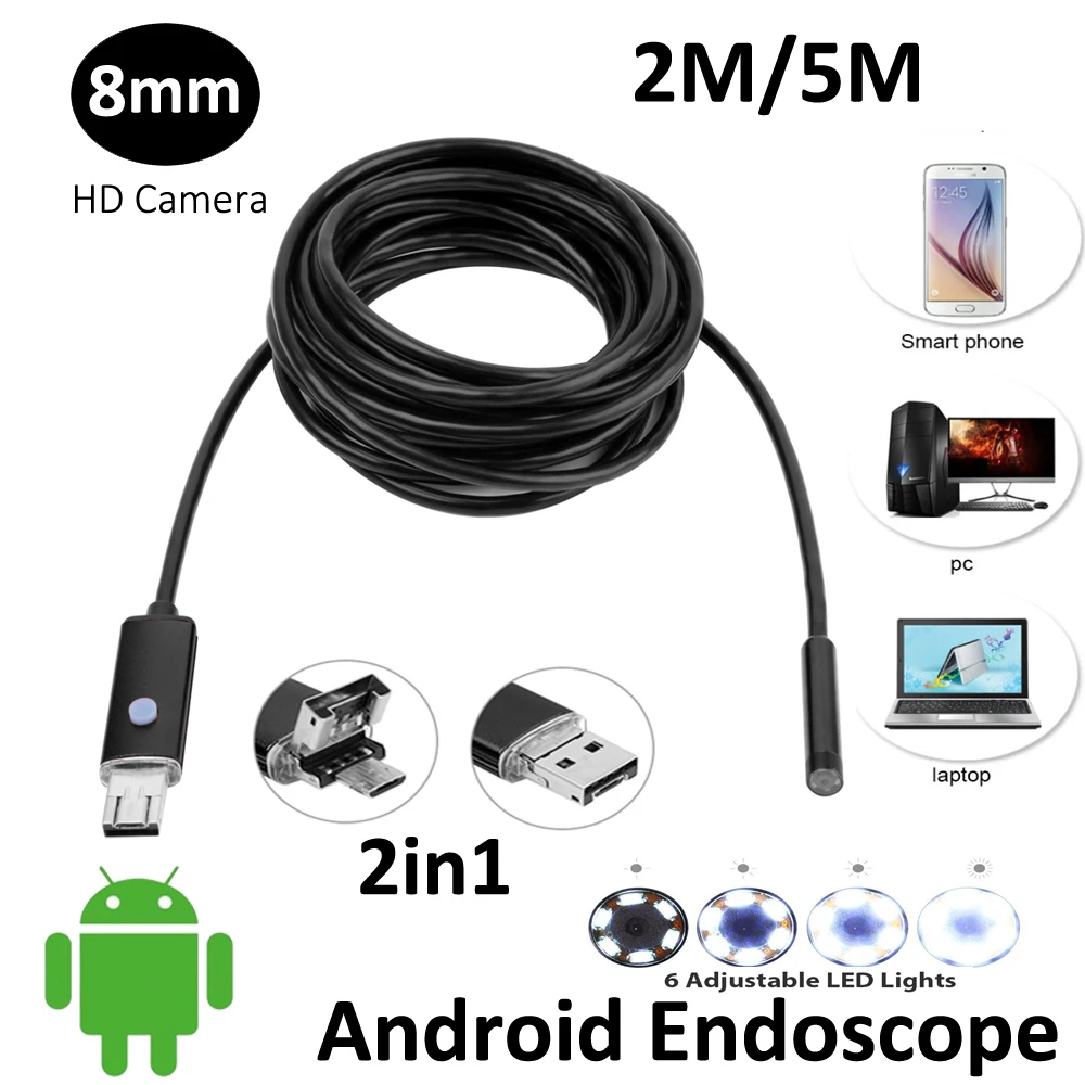 2in1 AN99 2mp 5 м 2 Android USB эндоскопа HD Камера 8 мм IP67 walterproof змея HD720P android Mobile бороскоп|usb
