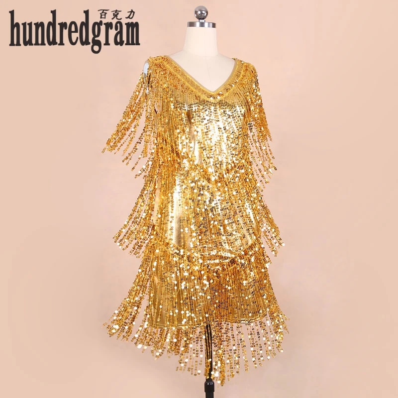 Платье с V образным вырезом и золотыми блестками для выступлений|dance clothing|tassel dance