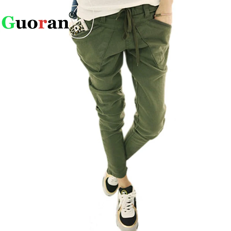 Женские свободные брюки карго однотонные черные шаровары со шнуровкой и