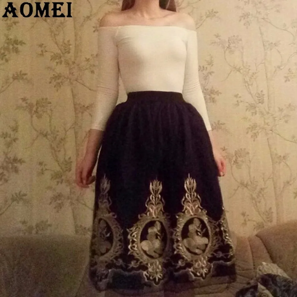 Женские Летние черные миди Тюлевая юбка с вышивкой цветок Faldas высокая Талия Тюль