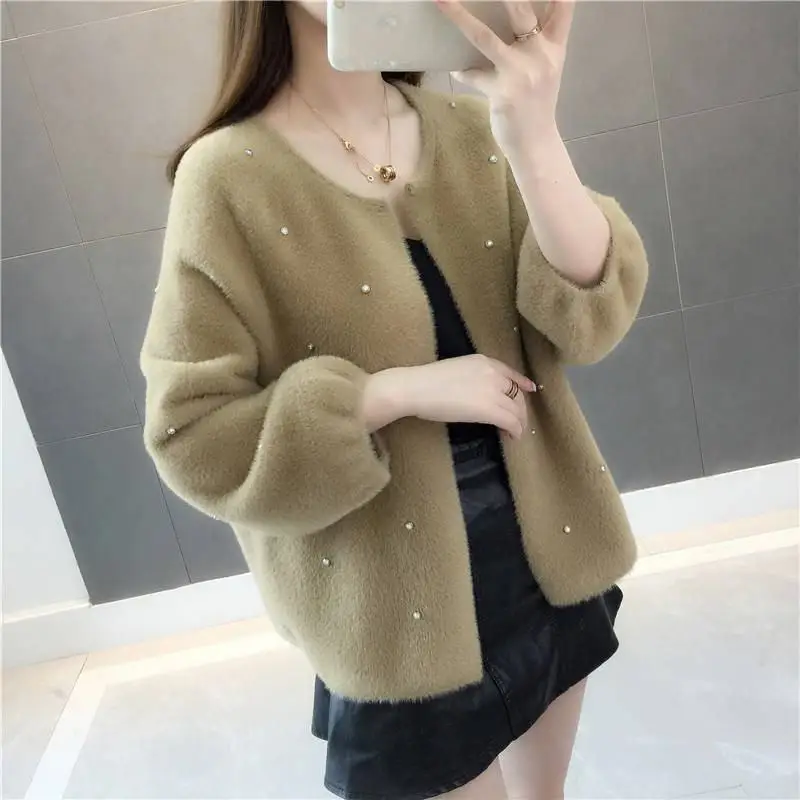 

2019 Spring Autumn Fashion Beading Loose Faux Mink Knitted Cardigan Sweater Coat Female Fluffy Tricot Open Stitch Tops K115
