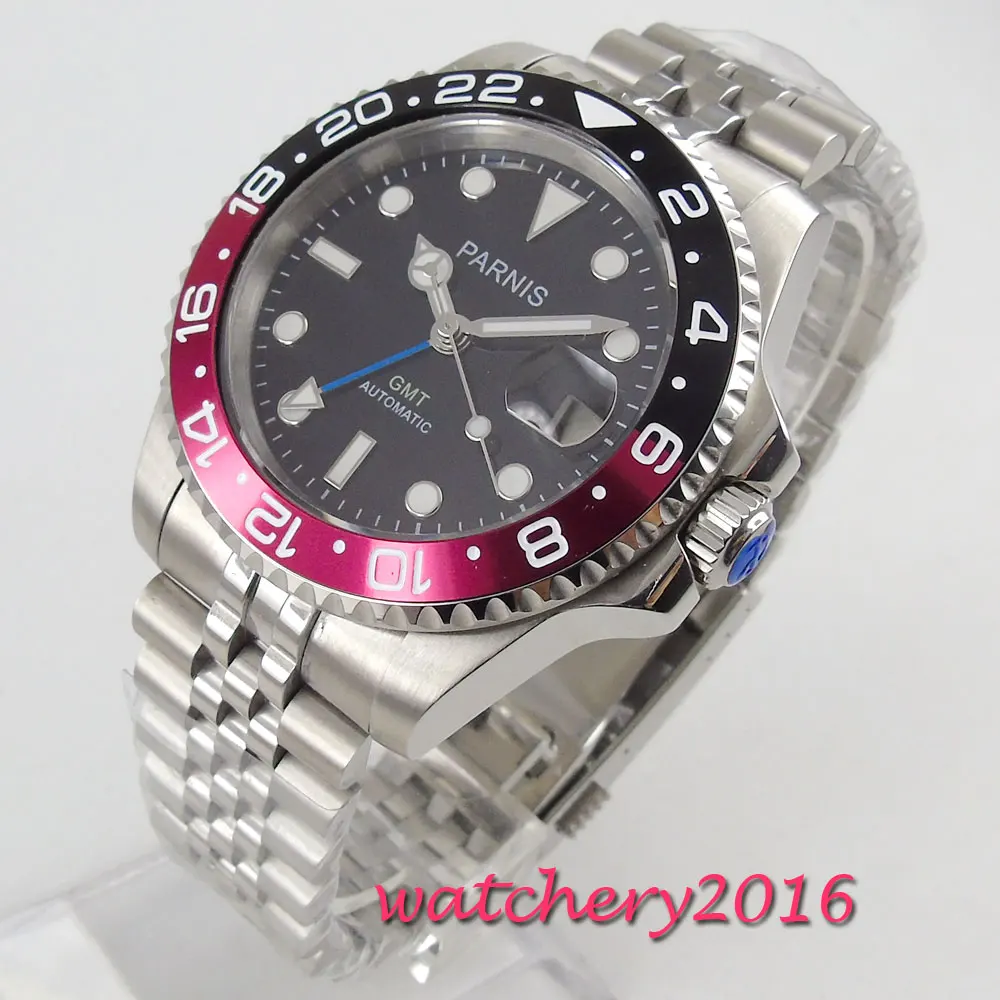 

40mm Parnis Mechanical Watches Black Red Rotating Bezel black dial GMT Luminous marks sapphire glass automatic Mens Watch