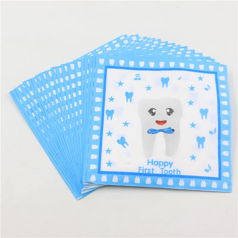 Синие счастливые первые зубные бумажные салфетки с рисунком для видов вечерние