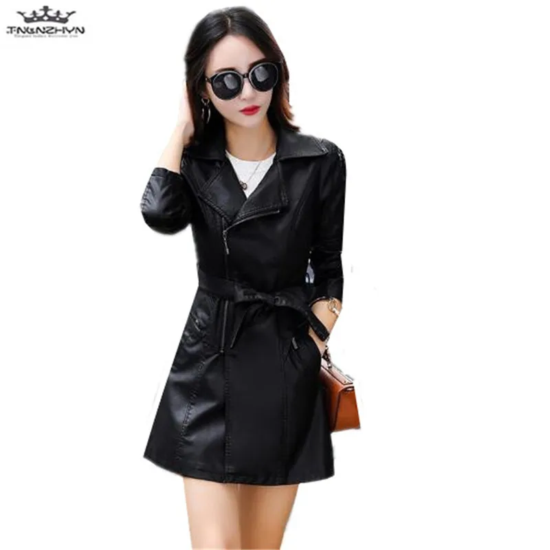 

tnlnzhyn 2019 Spring Autumn Women Leather Jackets Soft Washed Pu Leather Coats Slim long Zippers Faux Leather Outerwear A104