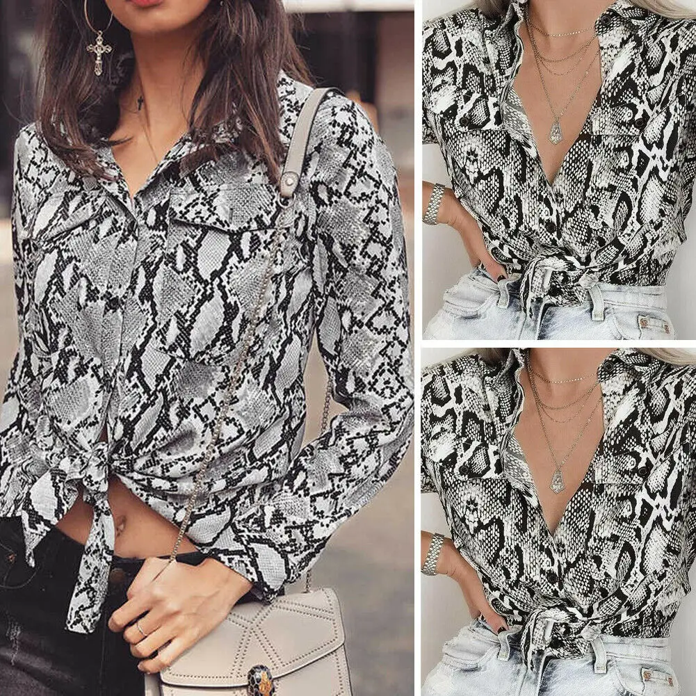 Новая женская модная повседневная Летняя Блузка со змеиным принтом с длинным