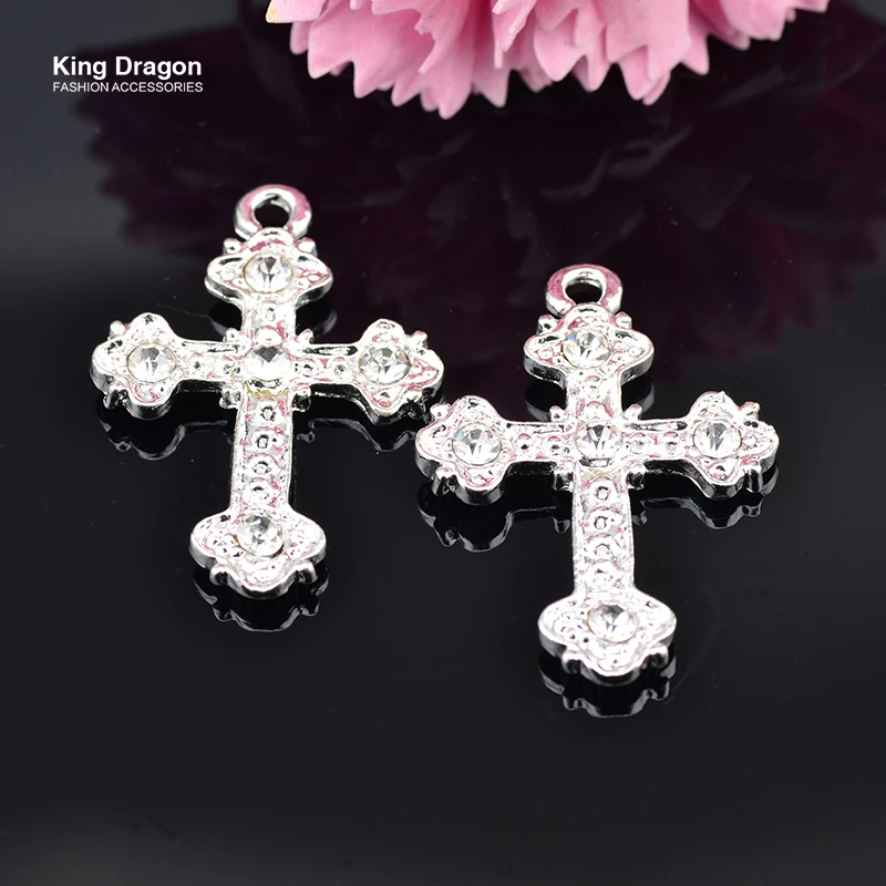 

New Arrival Rhinestone Cross Embellishment Used On Necklace Or Decoration 30MM*22MM 10PCS/Lot Silver Color KD531