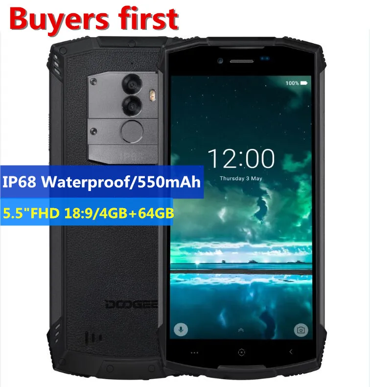 DOOGEE S55 4 Гб 64 IP68 Водонепроницаемый 5 &quotHD + сотовый телефон Android 8 0 MTK6750 Octa Core 13MP 5500