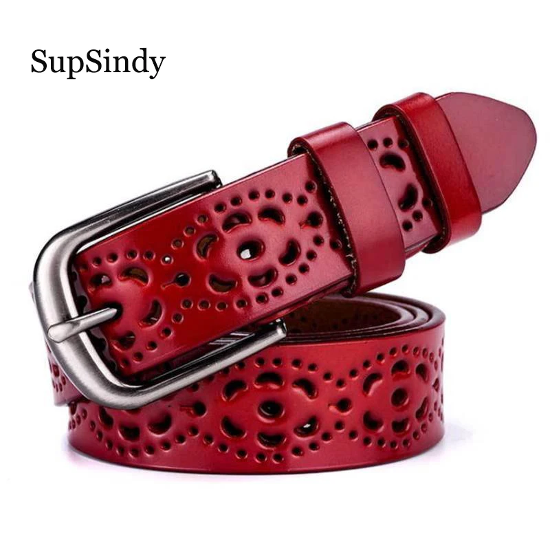 SupSindy hot women's genuine leather belt hollow Punk luxury brand designer belts for women jeans high quality female belt Black