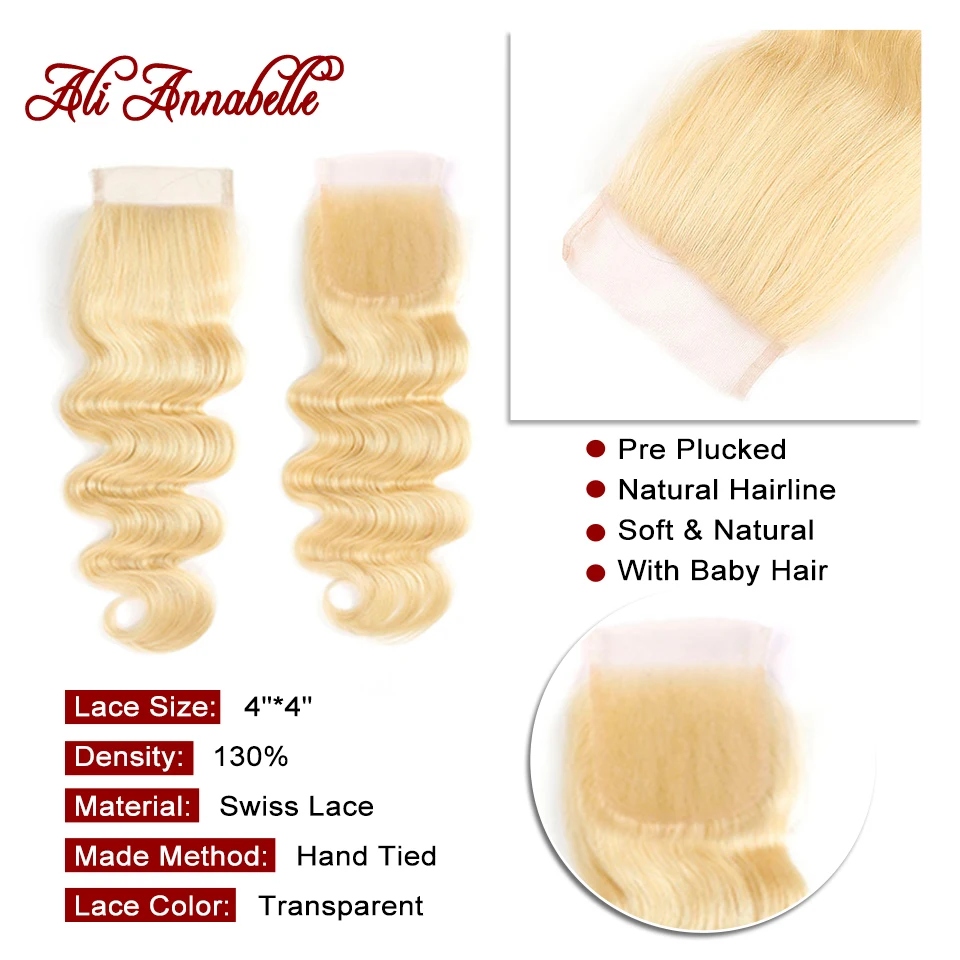 613 Body Wave Human Hair Closure Brazilian 4*4 Lace 100% Bleached Knots With Baby | Шиньоны и парики