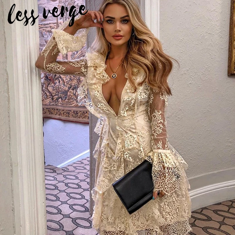 Lessverge осеннее кружевное платье с цветочной вышивкой и рюшами женское сексуальное