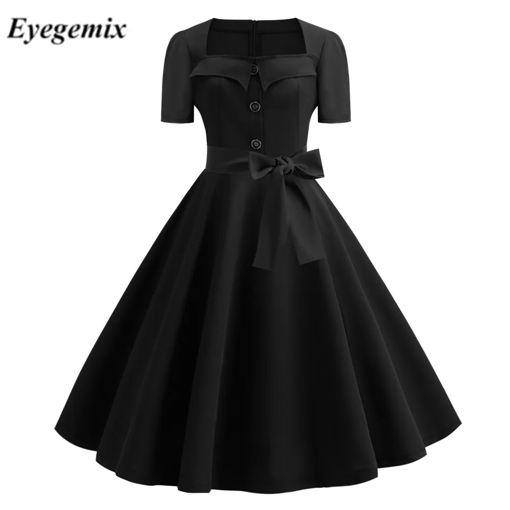 Женское винтажное платье в горошек элегантное средней длины с коротким рукавом