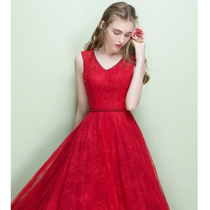 Мода Красный Кружева Длинное Вечернее Платье Невесты Элегантные Линии V образным