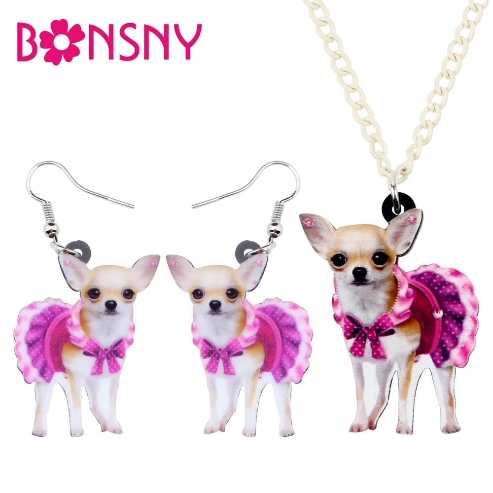 

Bonsny Acrylic Jewelry Sets Red Skirt Chihuahua Dog Necklace Earrings Fashion Cute Pendant For Women Girls Gift Decoration NE+EA