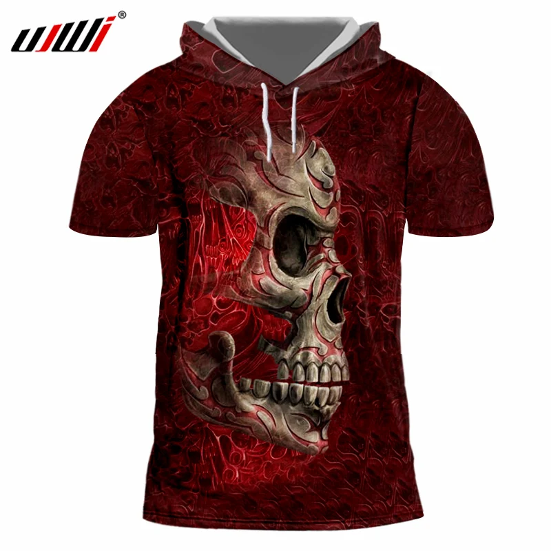 

UJWI Men Casual Tshirts Print Metal Skull 3d T-shirts With Hood Man Bodybuilding Fitness Short Sleeve Hooded Hoody Undershirts