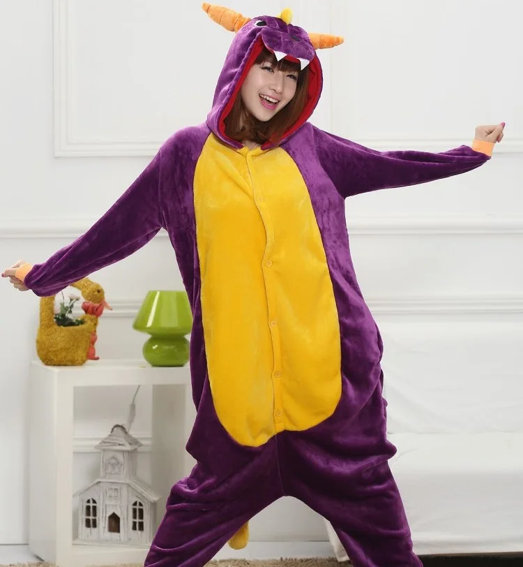 Мультфильм Pijama Kigurumi Фиолетовый динозавр домашняя фланелевая теплая Пижама с