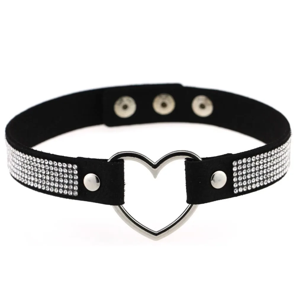 

Black Leather Heart Rhinestone Choker Necklace Women Crystal Choker Statement chocker collar fashion jewellery