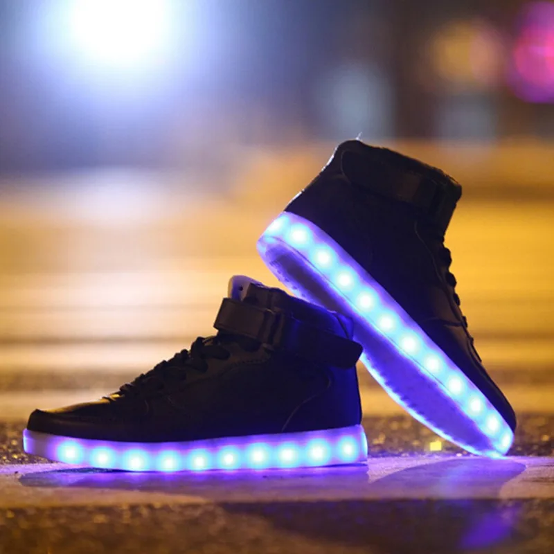 7 Colors LED Luminous Men high top casual shoes Shoes For Adults USB Charging Lights Black White | Обувь