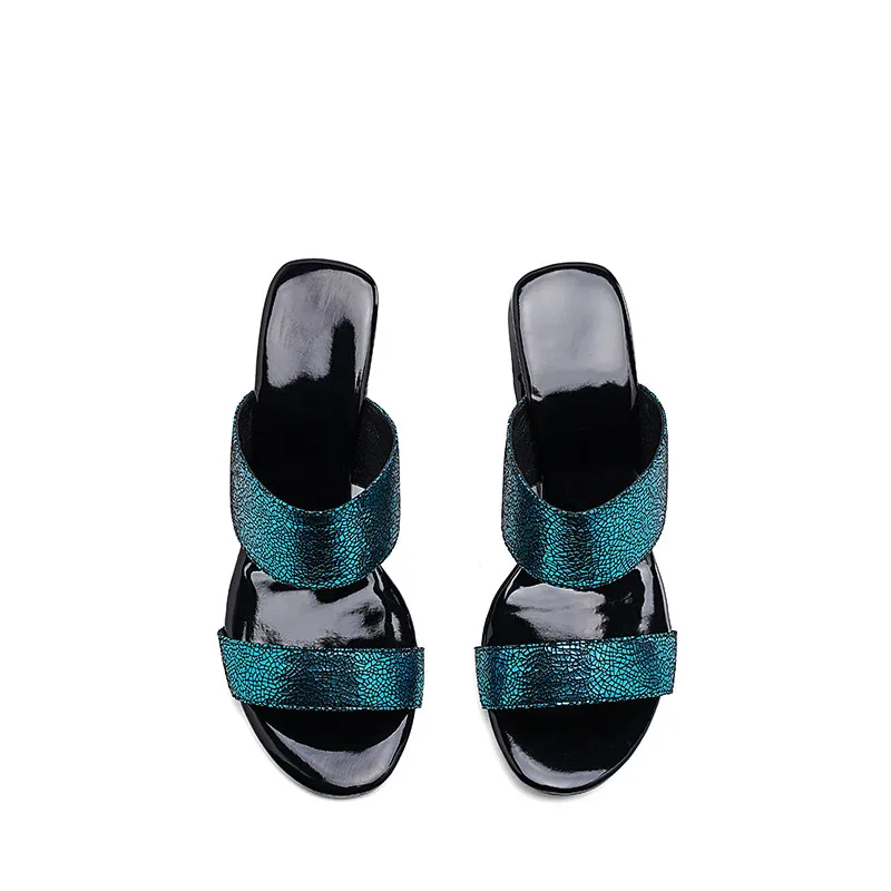 Женские туфли на танкетке YMECHIC синие и Серебристые шлепанцы с вырезами сланцы