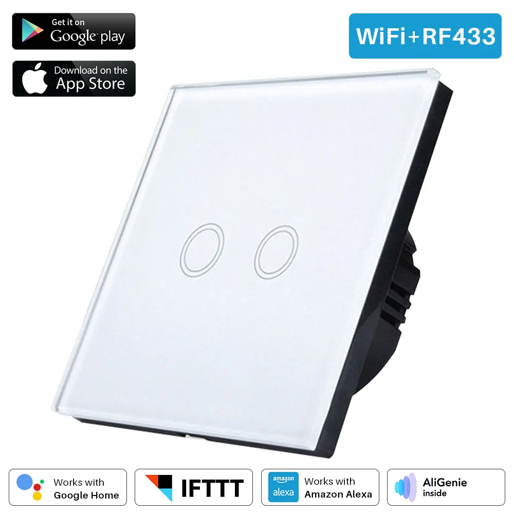 

Universal EU/UK 2 Gang WiFi Smart Touch Switch APP Control Voice Control Light Wall Switch Works With Alexa / Google Home Mini