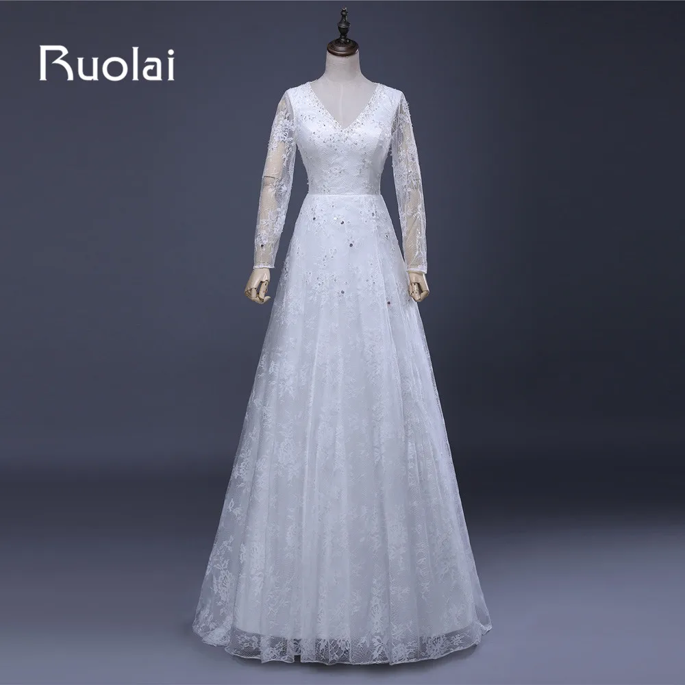 

Real Picture Robe de Mariage 2019 V-Neck Long Sleeves Lace Tulle Beaded A-Line Wedding Dresses Turkey Vestido de Noiva FW99