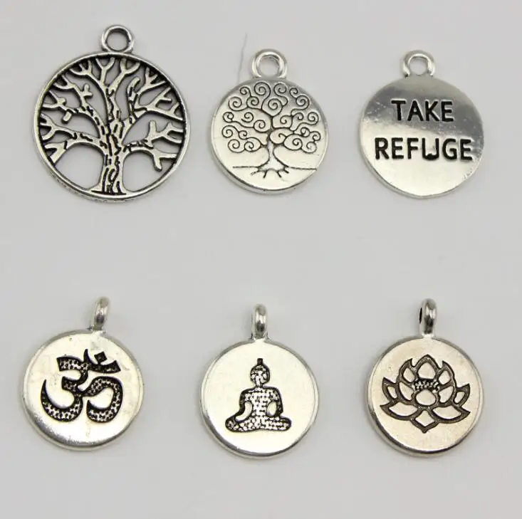 10 шт./лот тибетский серебристый Круглый бирка Lotus Life Tree талисманы Будда 6 стилей