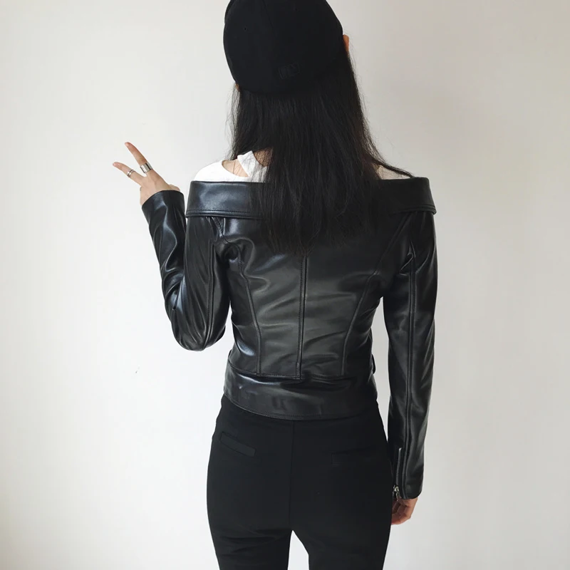 2019 Women Sexy Off Shoulder Short 100% Sheepskin Genuine Leather Jackets Slim Motorcycle Real Leather Jacket Coats Streetwear