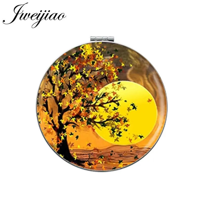 JWEIJIAO Full Moon Yellow Tree Golden Leaf Round Makeup Mirror Mini Folding Compact  Portable 1X/2X Magnifying Pocket Mirror