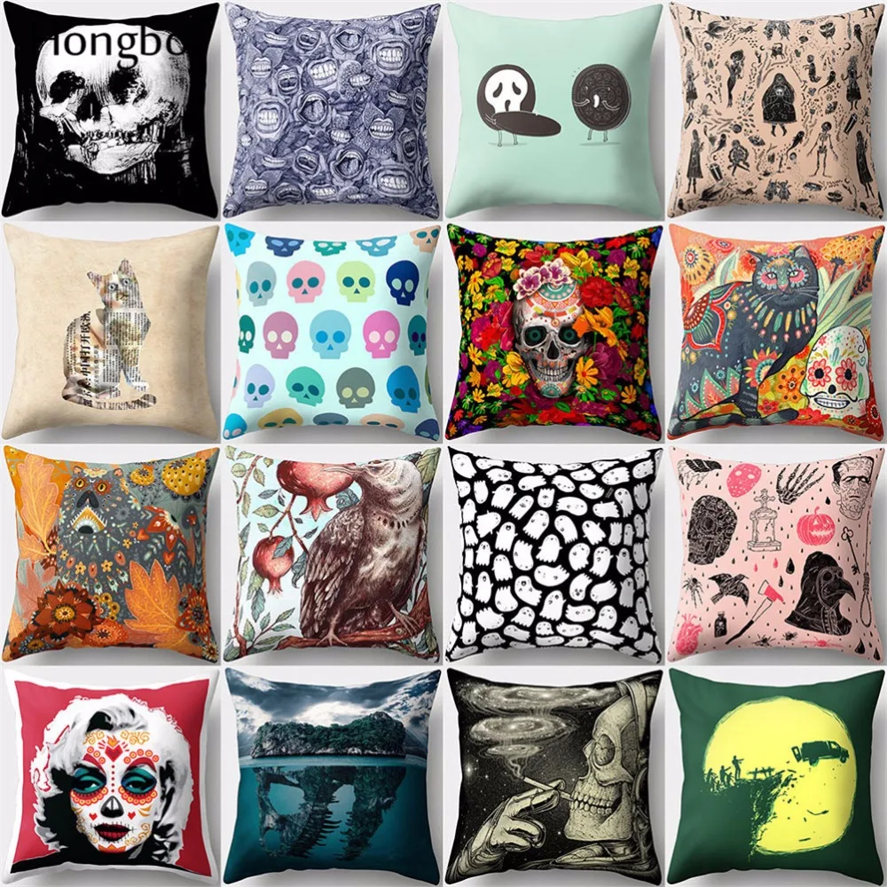 

Hongbo 1 Pcs Pillow Case Ghost Skull Cat Women Pattern Cushion Cover for Sofa Chair