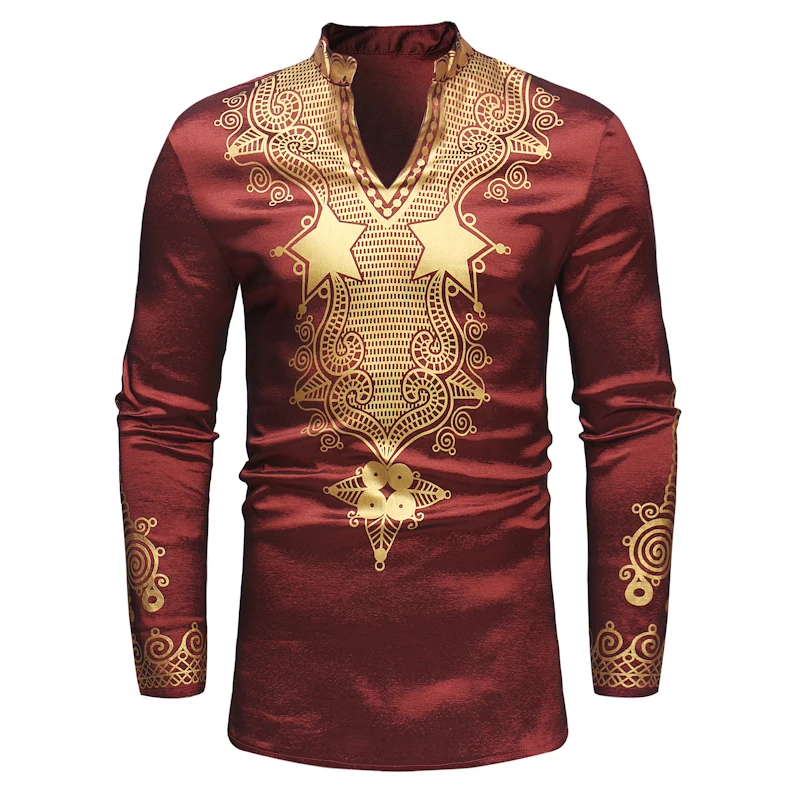 Svitania Blue Red Green African Printed Men's Trade T-shirt Tops Cool V-Neck Long Sleeve T Shirt Size S-4XL | Тематическая