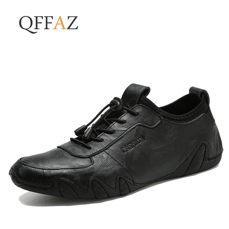 

QFFAZ Brand Genuine Leather Men Casual Shoes Cool Size 38-44 lace up Loafers Men Sewing Breathable Driving Shoes