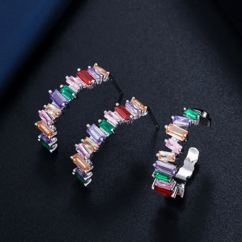 BeaQueen New Irregular Baguette Cubic Zirconia Rainbow Crystal Chic Hoop Earrings Rings Multicolor Jewelry Sets for Women JS201 | Украшения