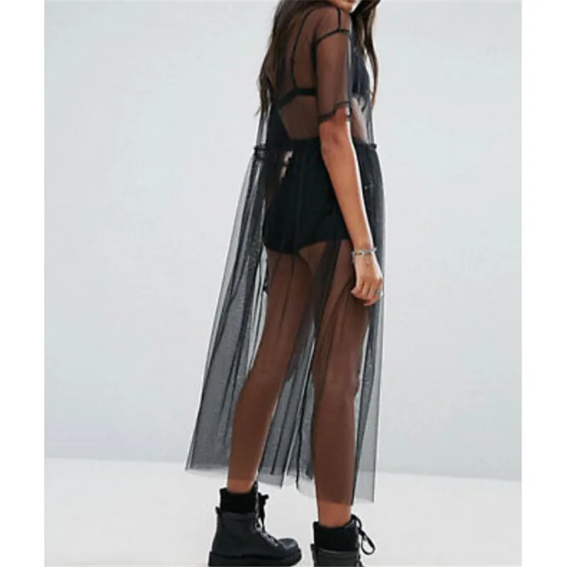 Пляжная накидка 2017 сексуальное женское черное Сетчатое платье миди Прозрачное