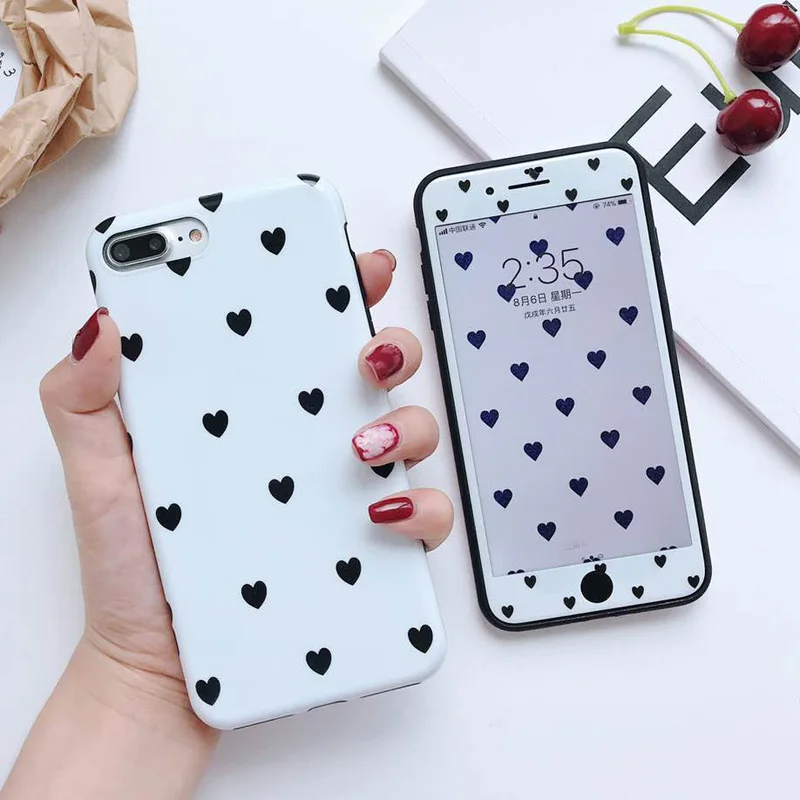 For iPhone 8plus Love Heart Soft case &amp Tempered Glass Screen film X 7 7Plus 8 6 6S 6Splus Retro Back cover |