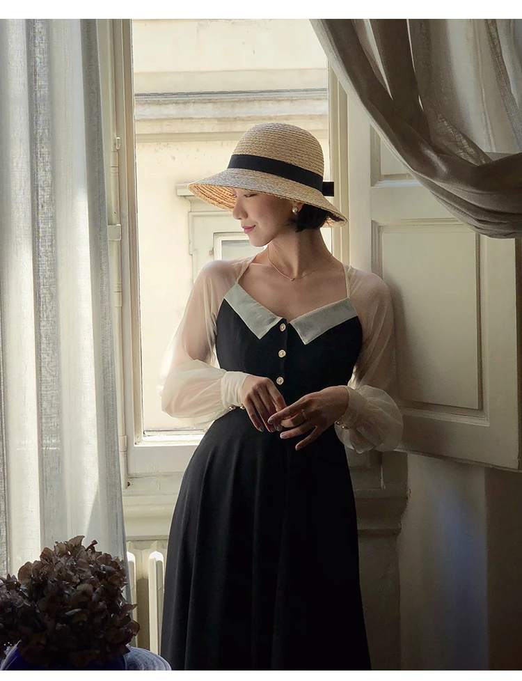 Vestido, весна-осень, женское винтажное платье в стиле Хепберн, элегантное, тонкое, v-образный вырез, длинный рукав, сетка, пэчворк, черное, длина до колена, платье sukienk