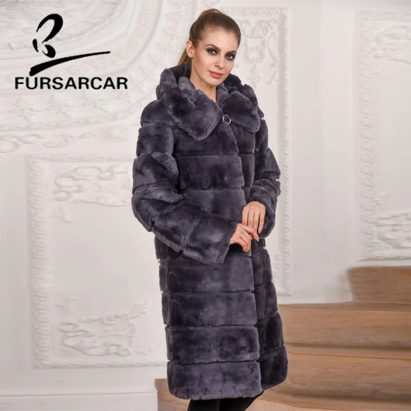 FURSARCAR теплая свободная шуба из кролика рекс Рекс с капюшоном 2018 Роскошная модная