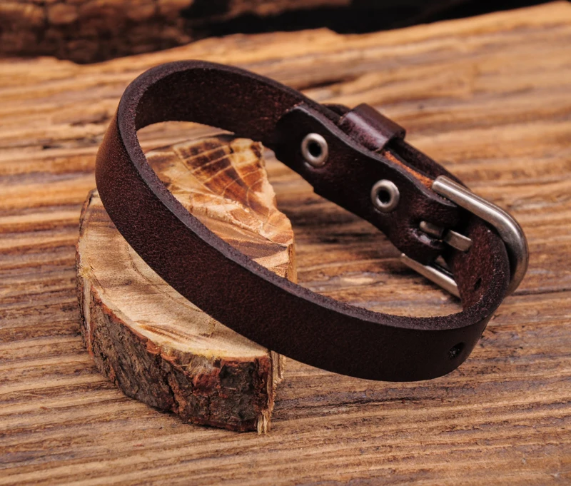 Мужской браслет из натуральной кожи G458 темно коричневый с пряжкой|cuffs men|leather