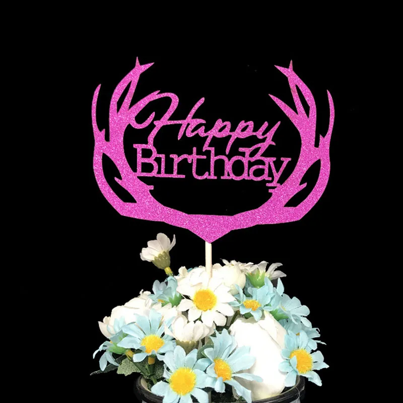 Cake Topper Glitter Happy Birthday Flags Sticker Decor Banner Card Baking DIY Accessory Elk Antler Christmas Party | Дом и сад