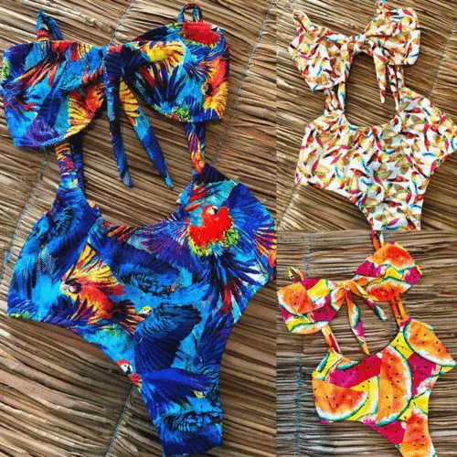 Сексуальный женский купальник пуш-ап три цвета с принтом Цельный бикини монокини